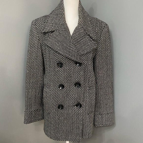 JONES NEW YORK Wool Blend Black & White Double Breasted Coat Size 12 Career Warm - Picture 3 of 16